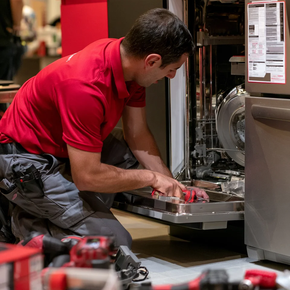 A service professional working on an open stainless-steel kitchen appliance
