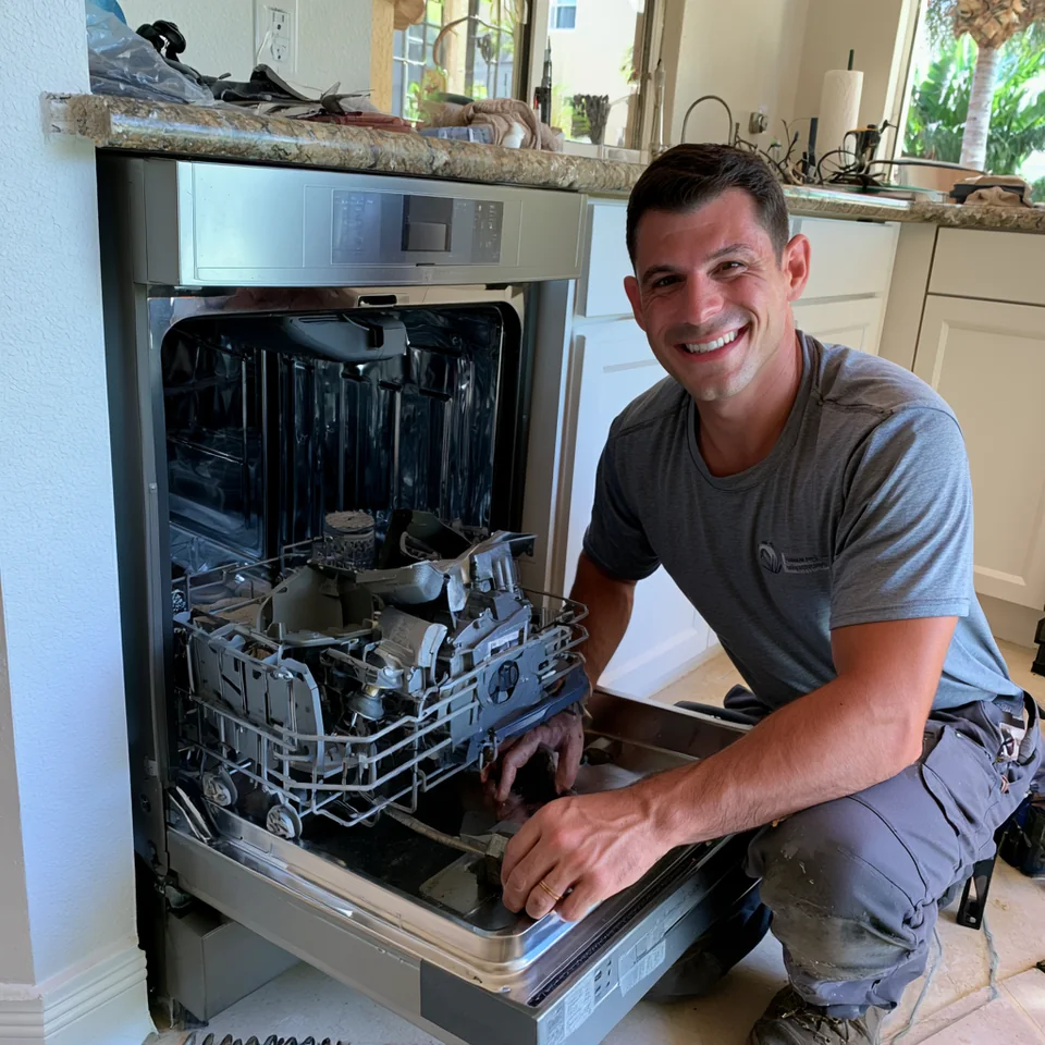 A service professional beside an open dishwasher in a residential kitchen