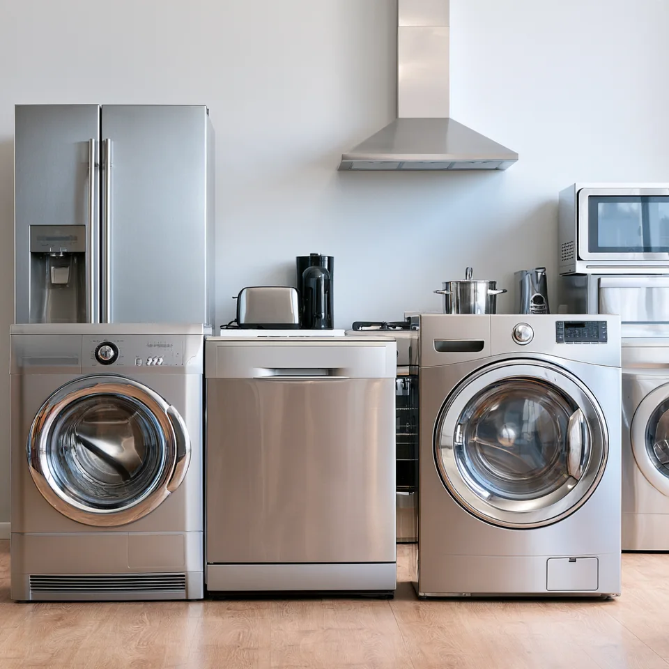 A clean lineup of household kitchen and laundry appliances
