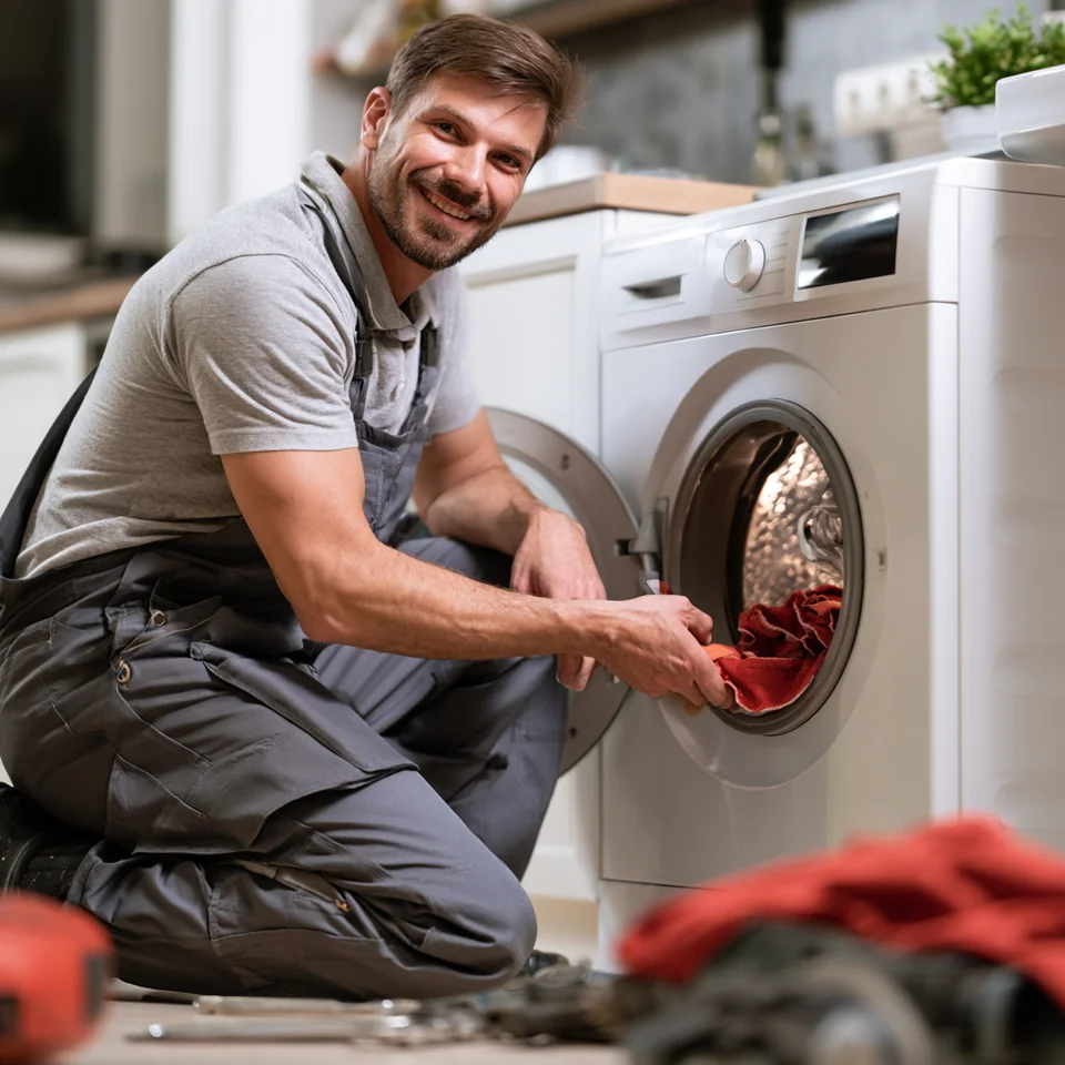 A service professional examining a front-loading laundry appliance