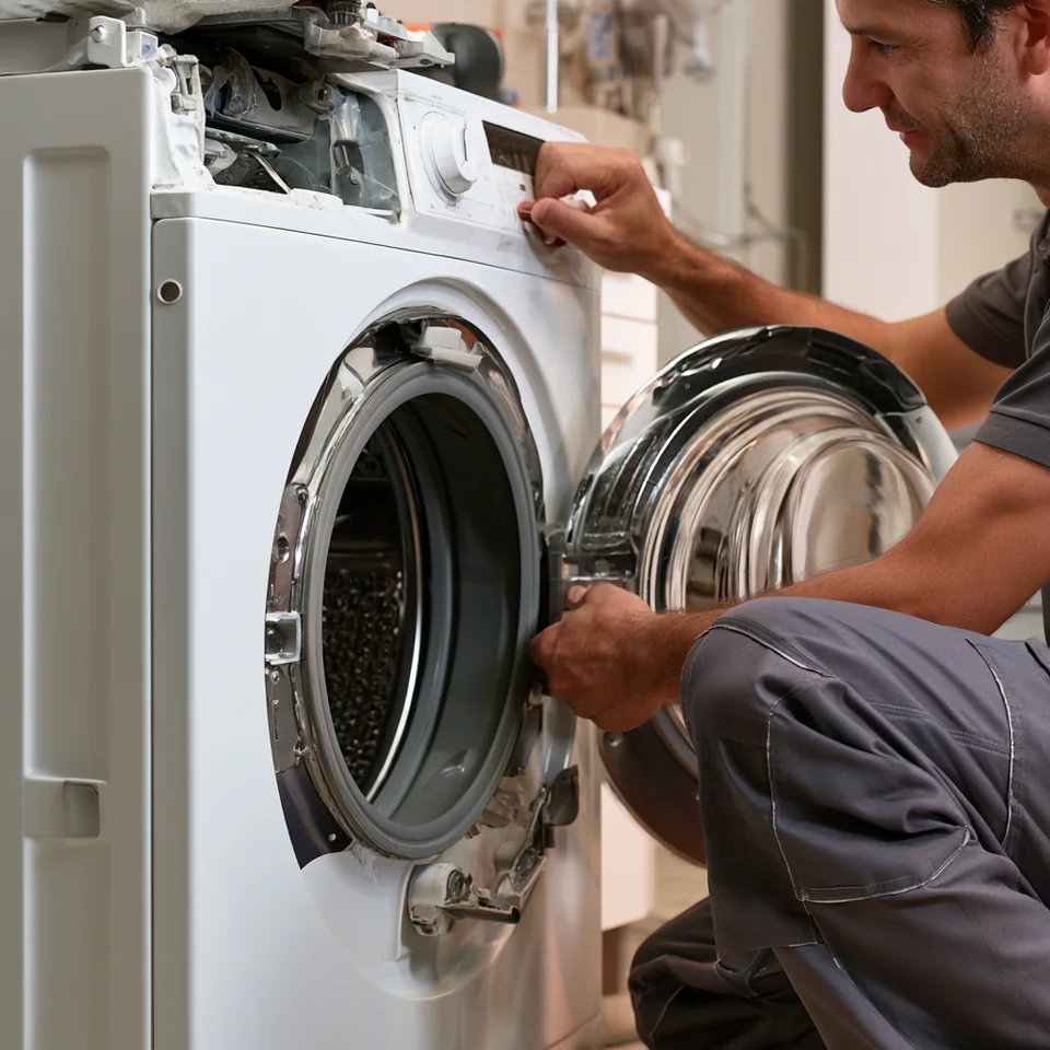A service professional repairing the open front of a washing machine