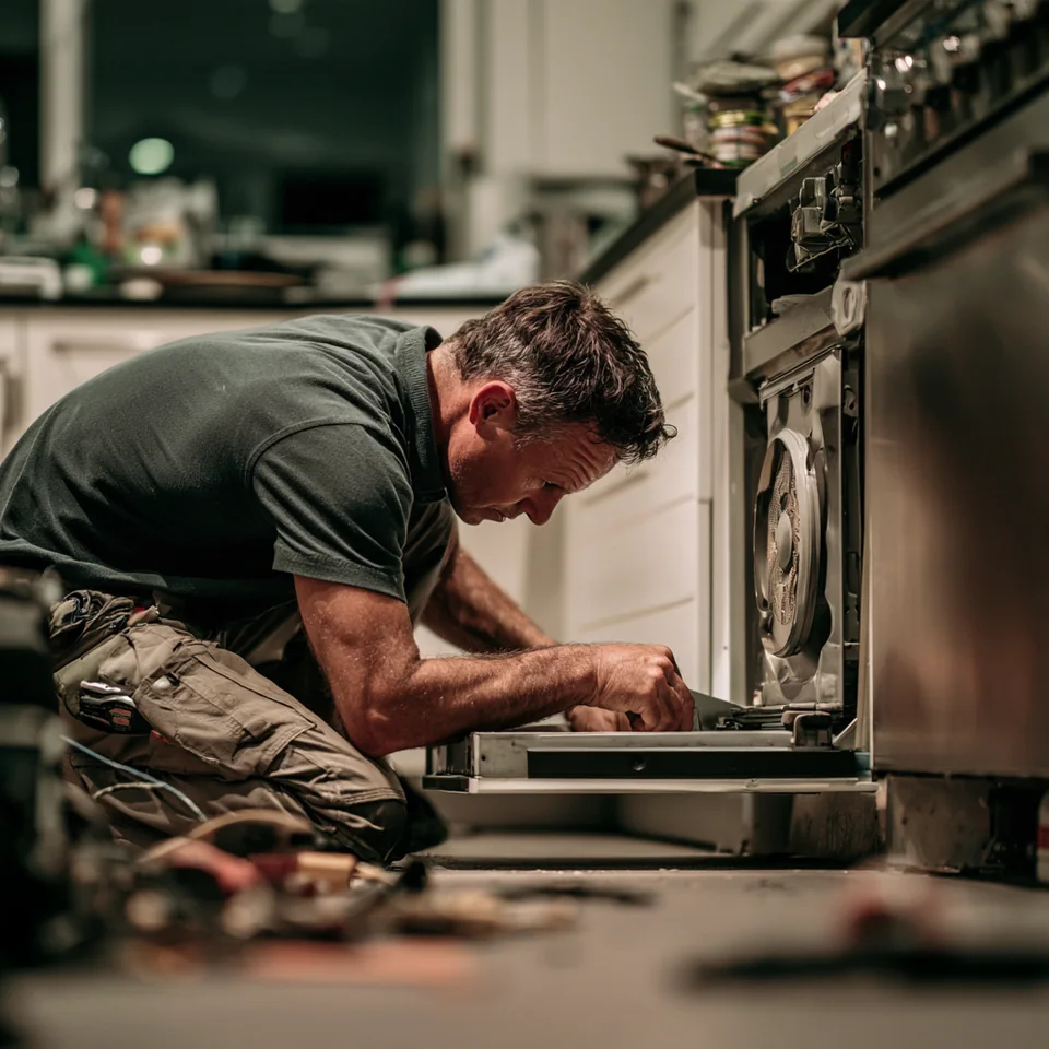 A professional repairing an open built-in kitchen appliance